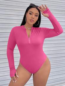 SHEIN EZwear Hơn Một nửa khóa kéo Áo phông vừa vặn - Màu Hồng Tươi - Xem 3