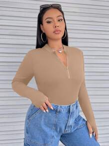 SHEIN EZwear 大碼半拉鏈修身連體衣 - 卡其色 - 查看 7