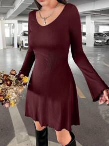 SHEIN EZwear Solid Lettuce Trim Flounce Sleeve Dress - Burgundy - View 5