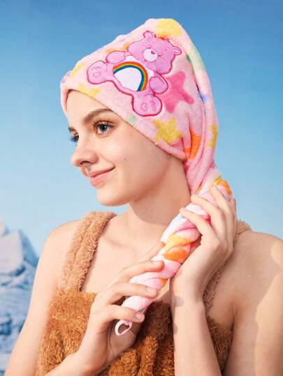 SHEIN X Care Bears Pink Bear Embroidery Hair Drying Cap,Gifts, For Home Bathroom