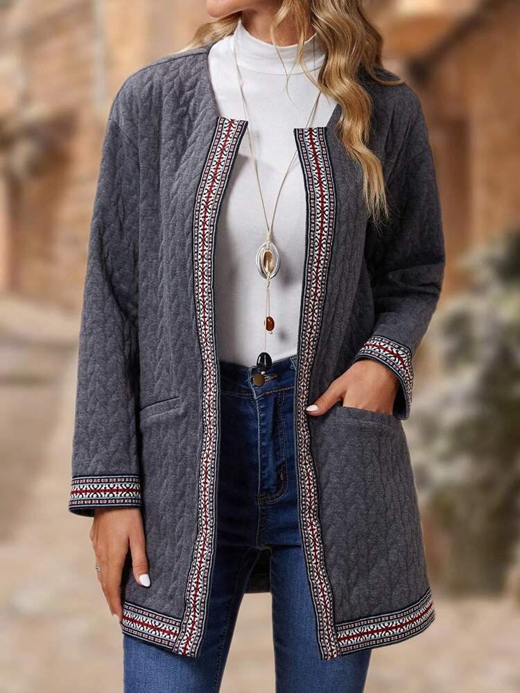 Dual Pocket Geo Tape Trim Open Front Coat