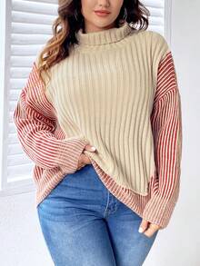 Celure Plus Striped Pattern Drop Shoulder Mock Neck Sweater - Multicolor - View 3