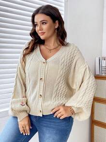 Celure Plus Floral Embroidery Cable Knit Drop Shoulder Cardigan - Beige - View 4
