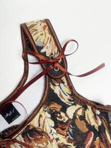 Women Square Neck Sexy Floral Print Metal Eyelet Tie Knot Tank Top New Year Party Valentine Day Holiday Top Corset Top St Patrick Day - Black - View 6