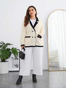 SHEIN Clasi Plus Contrast Trim Dual Pocket Drop Shoulder Cardigan - Black and White - View 5