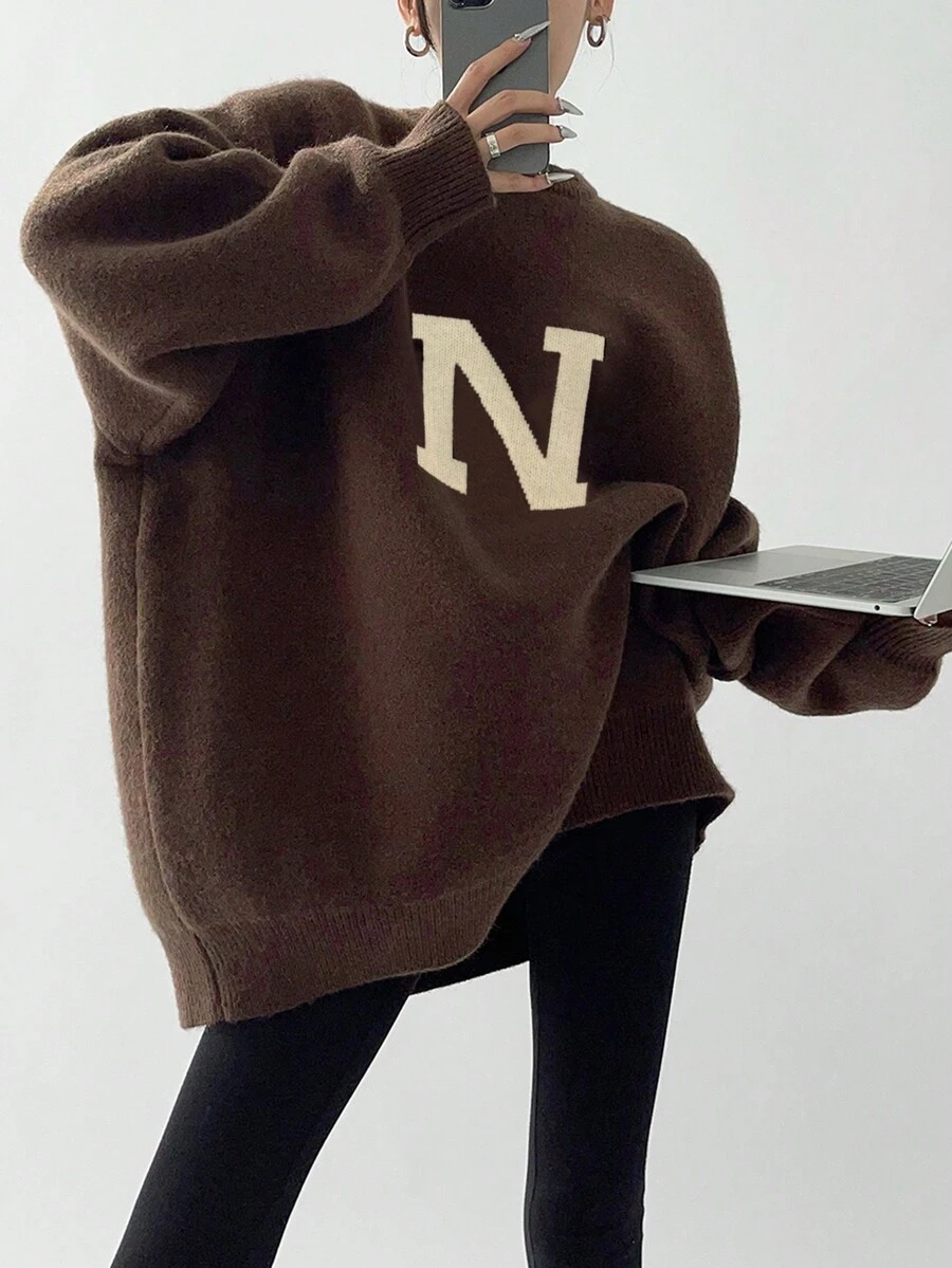 Alicedudu Letter Graphic Drop Shoulder Oversized Sweater,Long Sleeve Tops - Brown - View 1
