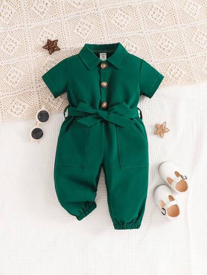 SHEIN Playful Pals 嬰兒女孩休閒純色連身褲，配雙口袋的腰帶襯衫款式
