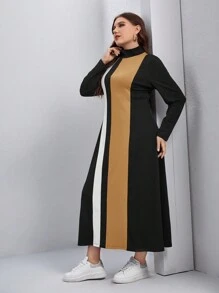 Mulvari Plus Colorblock High Neck Dress - Khaki - View 4