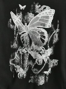 ROMWE Fairycore Butterfly Print Drop Shoulder Hoodie - Black - View 2