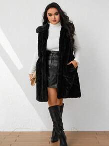 Celure Plus Size Women Solid Color Sleeveless Pocket Faux Fur Vest Jacket - Black - View 6