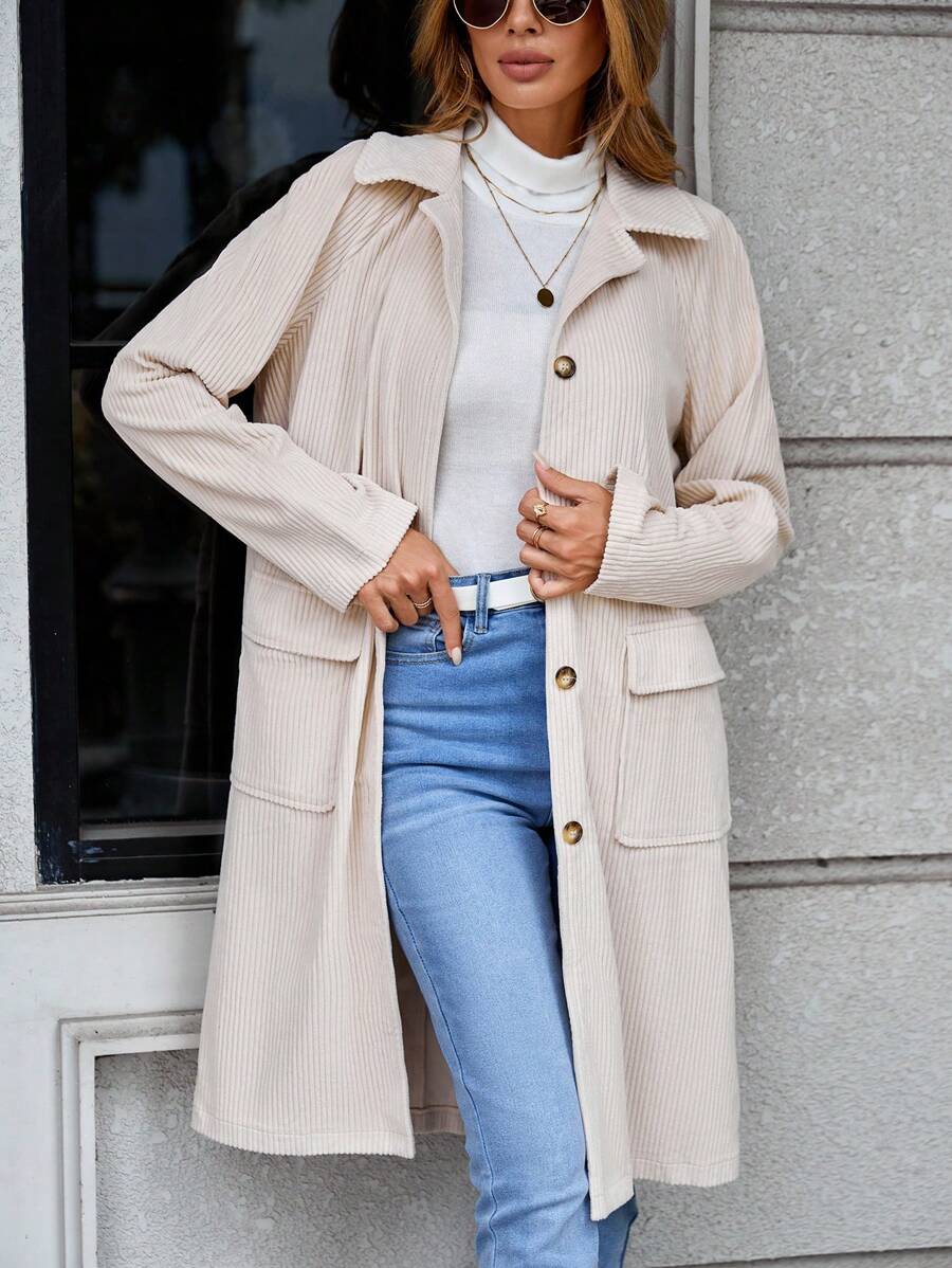 SHEIN LUNE 有蓋口袋插肩袖燈芯絨大衣