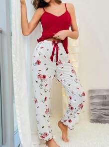 CottageSlumber Cami Top And Bow Front Floral Sleep Pants PJ Set / Pajama Set Bow Tie - Burgundy - View 5