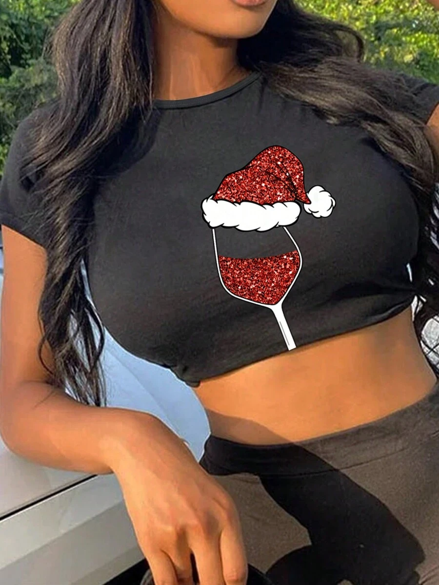 SHEIN EZwear Mũ Giáng sinh & In cốc Áo phông Crop - màu đen - Xem 1