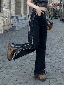 女性直筒通勤休閒歐美街頭風復古洗水長褲 - 黑色 - 查看 5