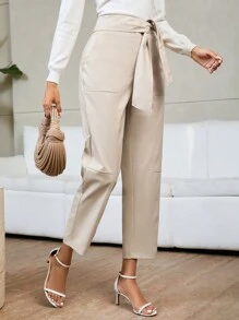 SHEIN Privé High Waist Belted Straight Leg Pants - Apricot - View 1