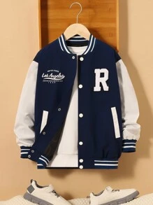 SHEIN 男大童字母圖案雙色學院風夾克不帶T恤 - 彩色 - 查看 1