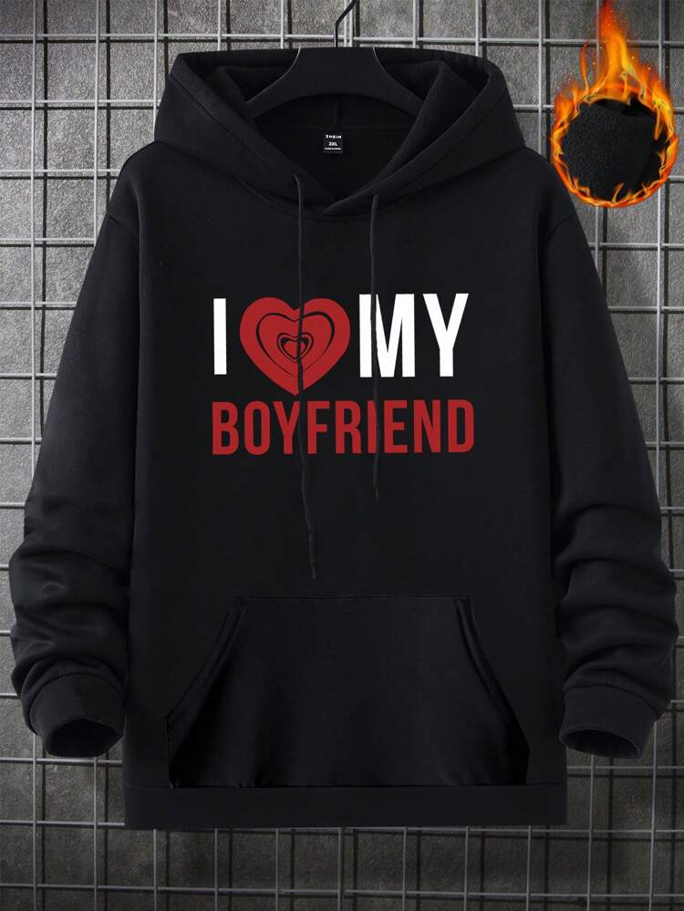 Men Plus Slogan Graphic Kangaroo Pocket Drawstring Hoodie