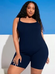 SHEIN CURVE+ Plus Solid Cami Romper - Navy Blue - View 6