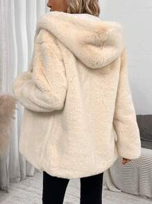 SHEIN LUNE Open Front Hooded Teddy Coat - Apricot - View 2