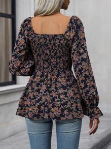 SHEIN Clasi Floral Print Flounce Sleeve Peplum Blouse Peplum Top - Navy Blue - View 2