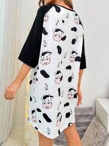 Cow Print Raglan Sleeve Pajama Nightdress Bridallingerie - White - View 2