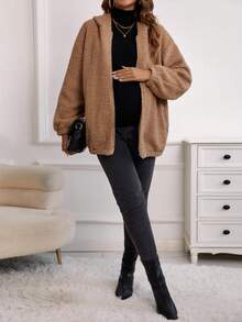 SHEIN Maternity Zip Up Drop Shoulder Hooded Teddy Jacket, For Winter - Brown - View 4