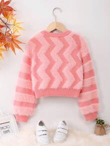 SHEIN Tween Girl Chevron Pattern Fuzzy Knit Sweater - Pink - View 2
