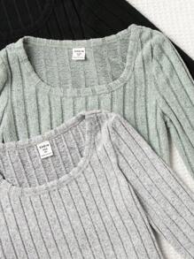 SHEIN Leap Crew Conjunto de 3 piezas para niña preadolescente de camiseta ajustada de cuello cuadrado de unicolor tejido de punto en negro, gris y verde - Multicolor - Ver 5