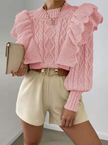 Chiquease Ruffle Trim Cable Knit Sweater Knit Pullover Fall Winter Outfit - Baby Pink - View 3