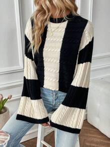 Chiquease Two Tone Cable Knit Drop Shoulder Knit Pullover Fall Winter Sweater - Multicolor - View 5