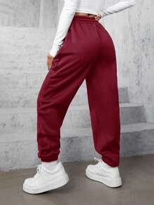 SHEIN Cottnline Solid Slant Pocket Sweatpants - Burgundy - View 2