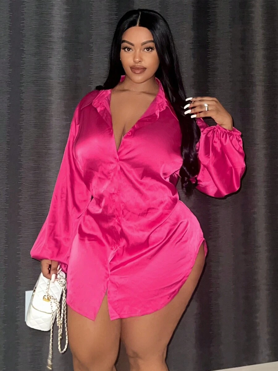 Slaydiva Plus Lantern Sleeve Button Front Shirt - Hot Pink - View 1