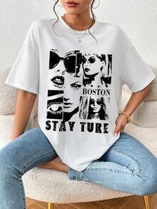 SHEIN Essnce Figure & Letter Graphic Drop Shoulder Tee - White - View 5
