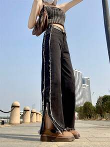 女性直筒通勤休閒歐美街頭風復古洗水長褲 - 黑色 - 查看 3