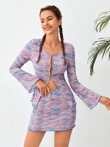 Soleia 段染正面鈕扣 T 恤和緊身半身裙 - 摩卡棕 - 查看 3