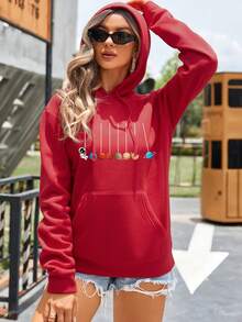 SHEIN LUNE 星球印花袋鼠口袋抽繩加絨內裏連帽衫 - 紅色 - 查看 4