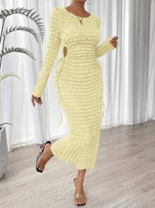 SHEIN Privé Solid Drawstring Side Bodycon Dress - Beige - View 5