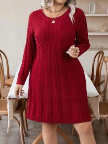 SHEIN LUNE Plus Solid Cable Knit Sweater Dress - Burgundy - View 5