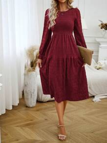 SHEIN LUNE Solid Flare Sleeve Ruffle Hem Dress - Burgundy - View 3
