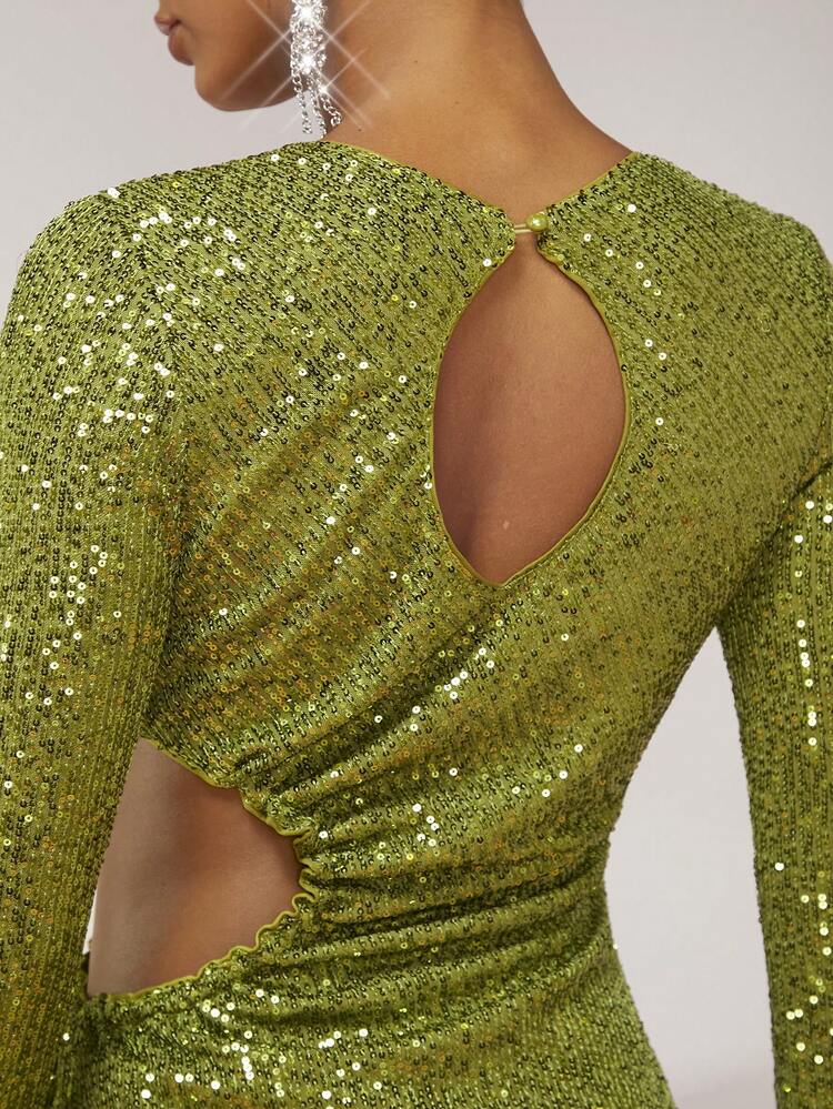 Drawstring Side Cut Out Split Thigh Sequin Dress