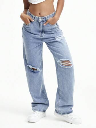 Jean droit taille haute déchiré effiloché