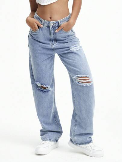 Jeans mit geradem Beinschnitt, hoher Taille, Riss