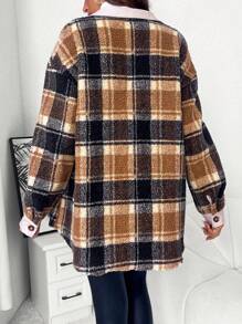 SHEIN Maternity Plaid Print Drop Shoulder Contrast Trim Coat - Brown - View 2