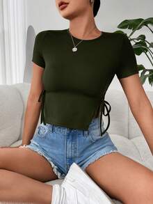 SHEIN EZwear Solid Knot Side Split Hem Tee - Army Green - View 4