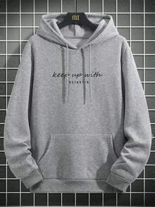 Hombres Capucha con estampado de slogan con bolsillo de canguro con cordón - Gris - Ver 4