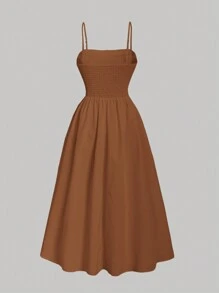 SHEIN MOD 純色褶飾吊帶洋裝 - 棕色 - 查看 2