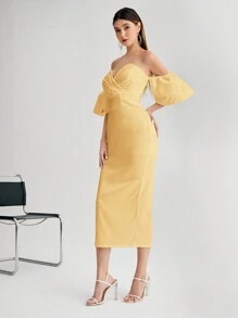 SHEIN Belle Off Shoulder Puff Sleeve Cocktail Dress - Yellow - View 3