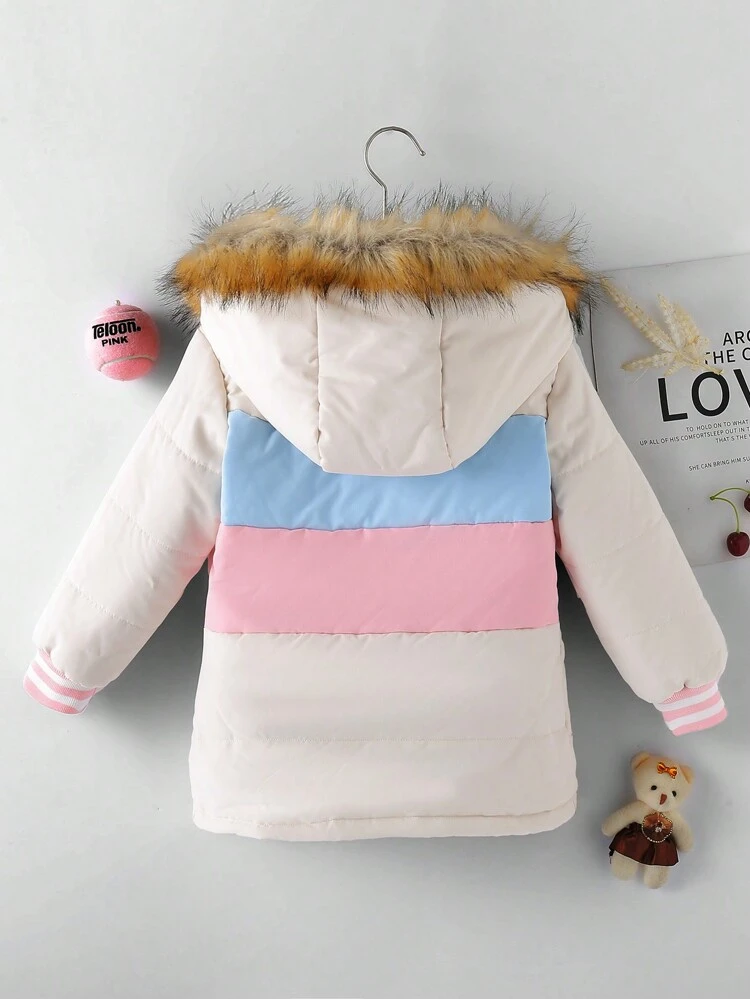 Young Girl Colorblock Fuzzy Trim Hooded Coat Without Sweater