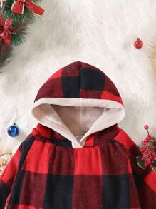 SHEIN Young Girl Buffalo Plaid & Elk Embroidery Hooded Teddy Lined Overcoat - Red - View 6