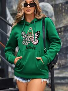 SHEIN Essnce Butterfly & Floral Print Kangaroo Pocket Drop Shoulder Drawstring Thermal Lined Hoodie - Green - View 1